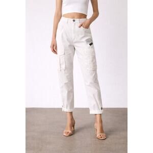 IKKS White Cargo Pants Cotton Lightweight Cropped Utility Trousers Size 10